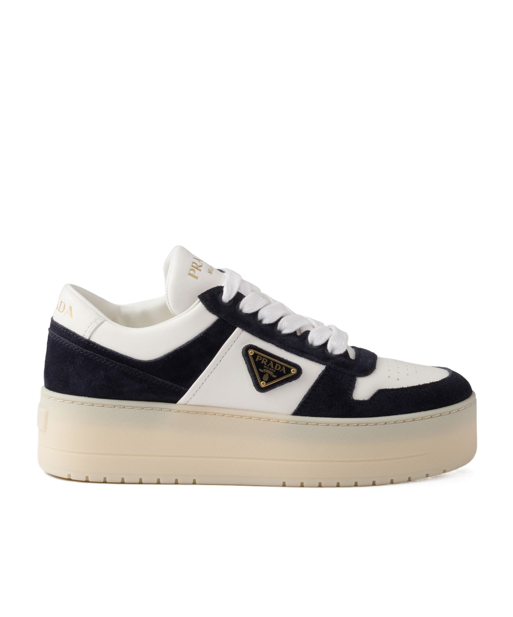 Shop Prada Downtown Bold Nappa Leather And Suede Sneakers In White/blue