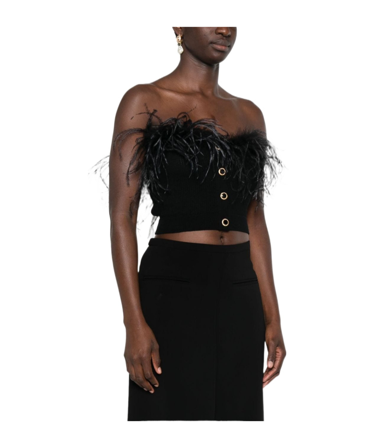 Alessandra Rich Feather-accented Wool Top With Button Detail And Sophisticated Design In Black