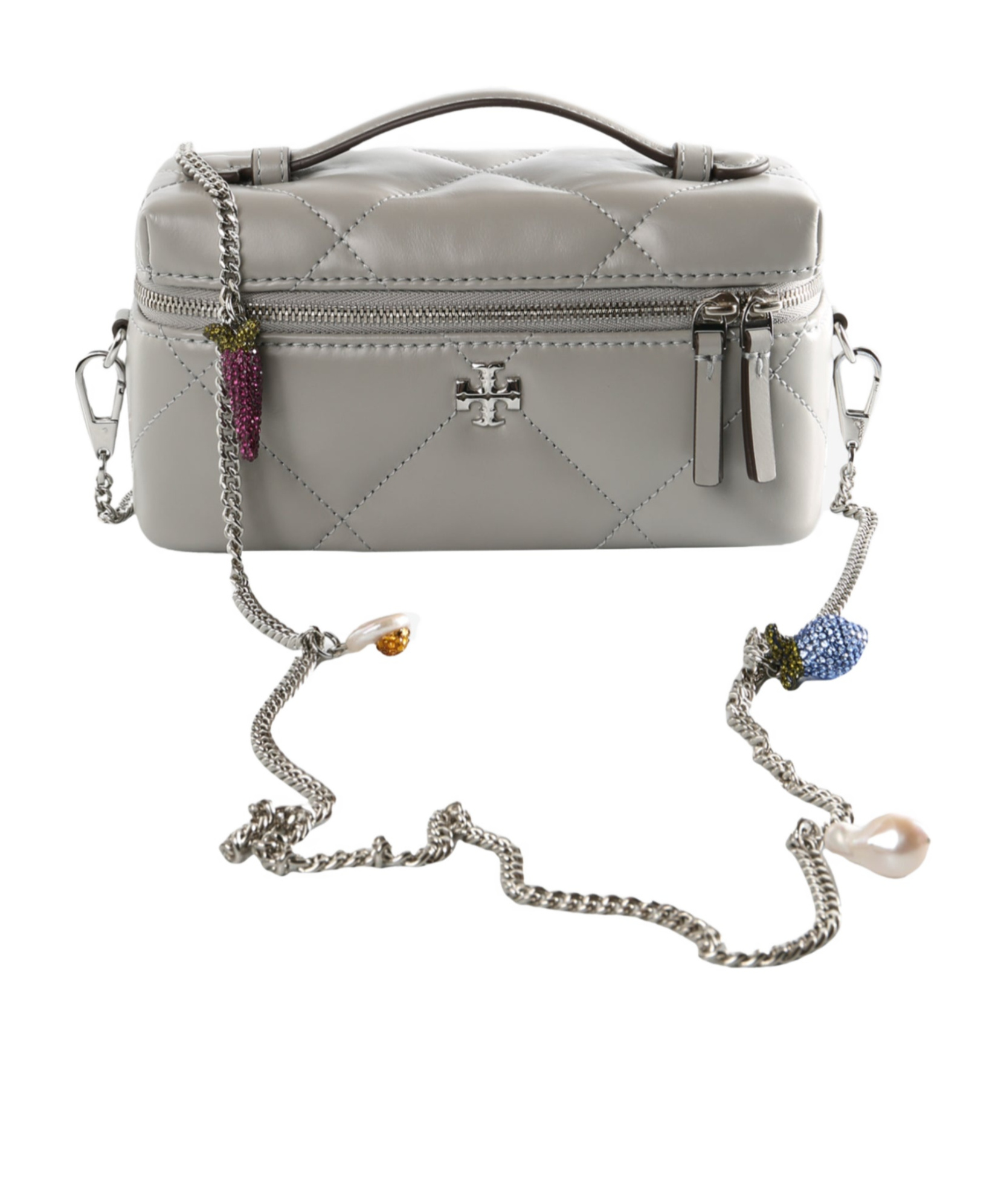 Tory Burch Kira Quilted Embellished-chain Cross-body Bag In Gray