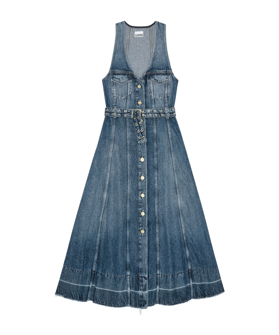 Ganni Blue Light Denim Belt Midi Dress In Chinese Blue Retro