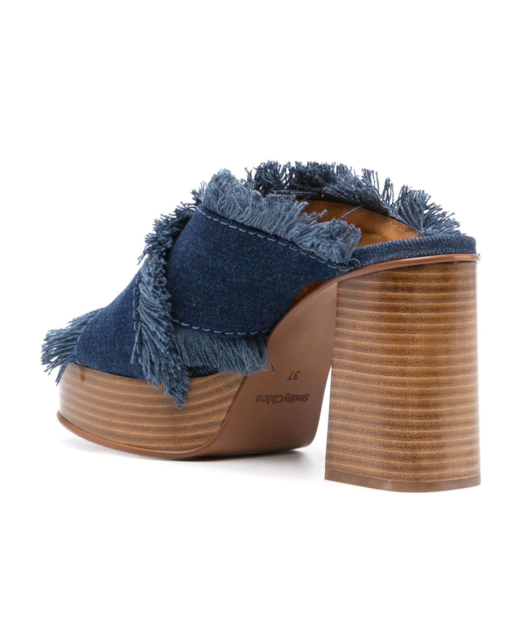 SEE BY CHLOÉ 100MM FRAYED-DETAILING DENIM MULES 