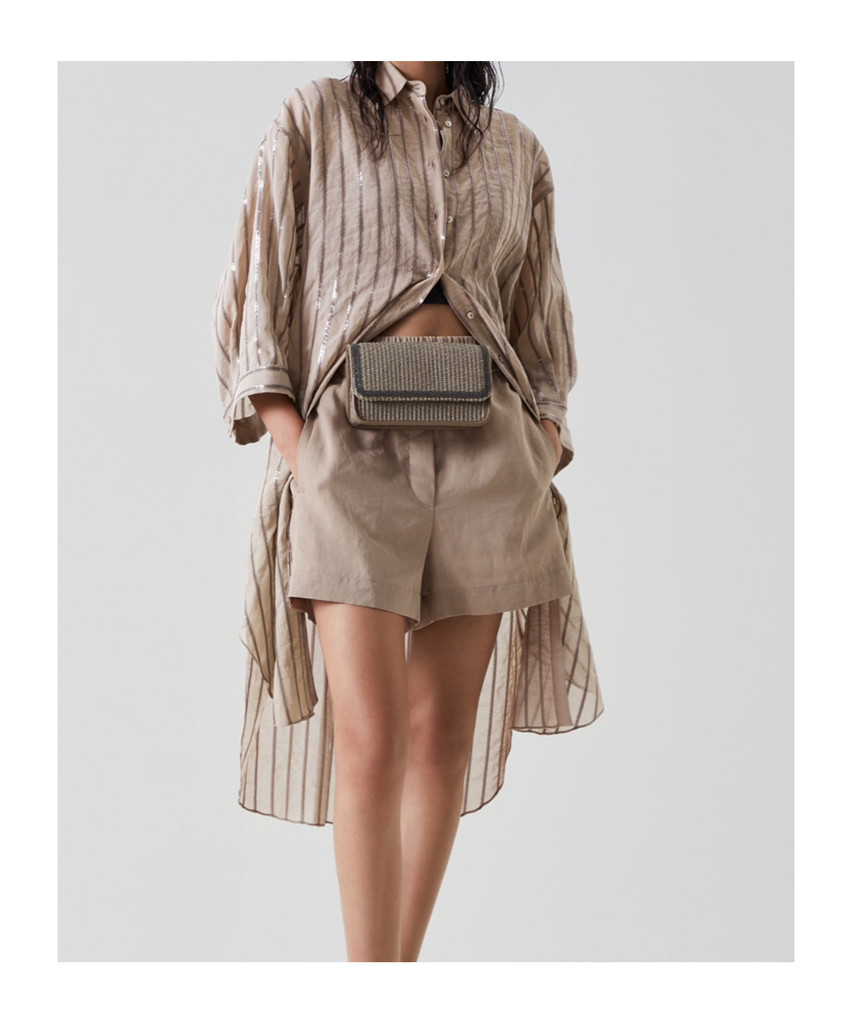 Brunello Cucinelli Sequin-embellished Striped Cotton Shirtdress In Brown