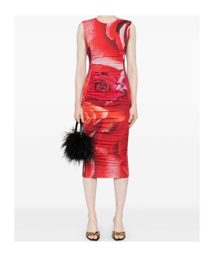 ROBERTO CAVALLI ROSE-PRINT MIDI DRESS