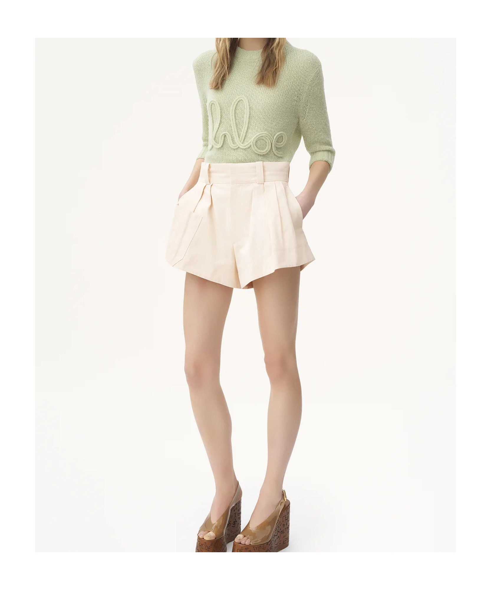 Chloé Elbow-sleeve Logo Jumper In Alpaca Wool & Silk Knit Green Size L 62% Wool Vicugna Pacos, Farmed, Coo In Green
