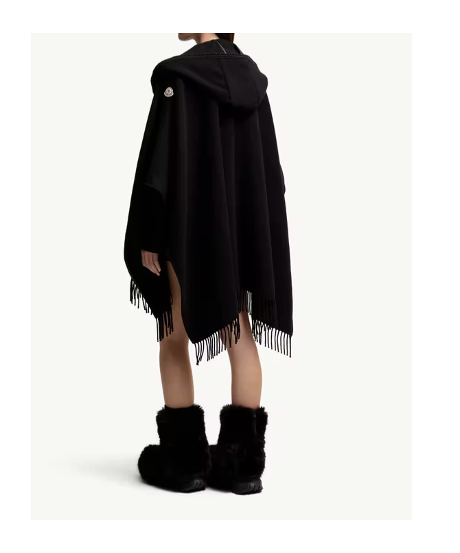 Moncler Hooded Cape With Belted Waist And Fringed Hem In Black