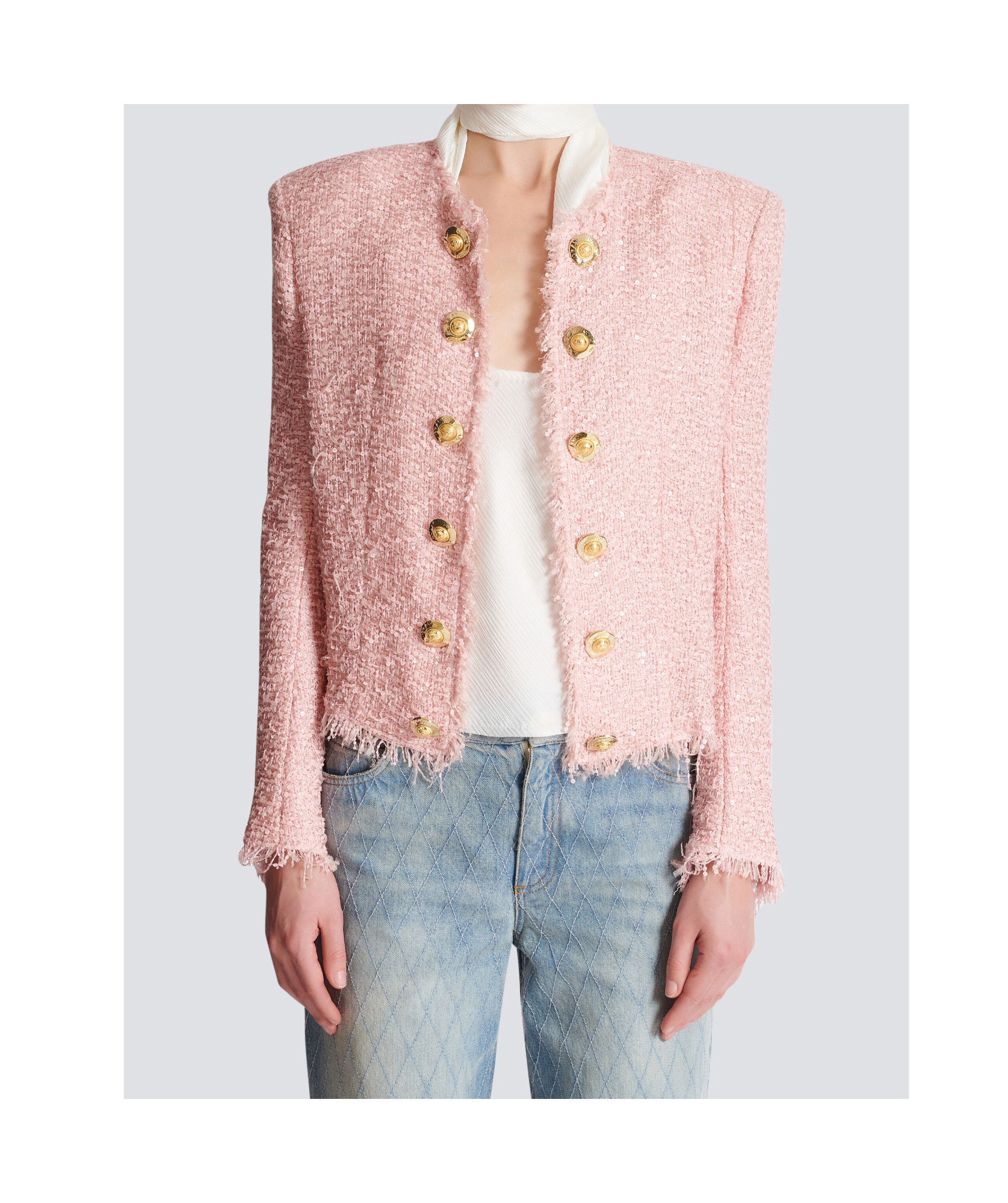 Balmain Tweed Jacket With All-over Sequins And Structured Shoulders In Pink