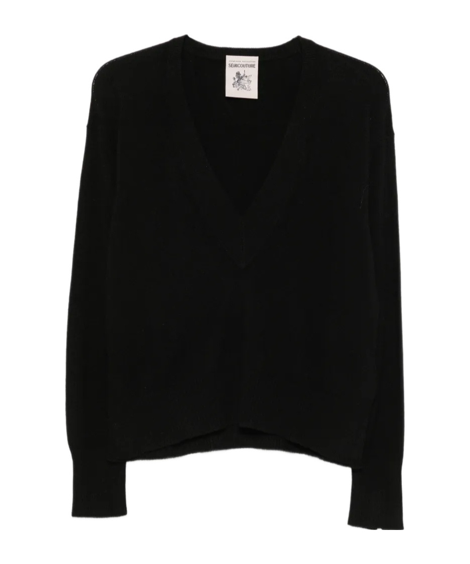 Semicouture V-neck Long-sleeve Knit Top In Black