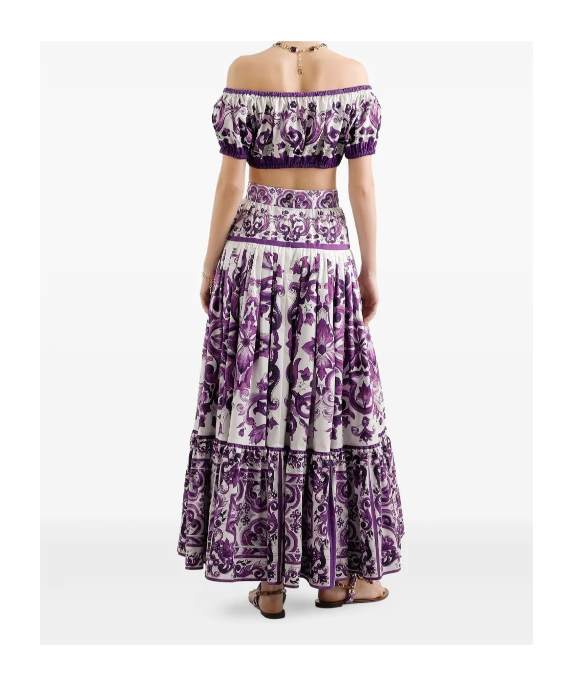 Dolce & Gabbana Violet Off-shoulder Cropped Top With All-over Floral Print In Cotton Woman In Purple