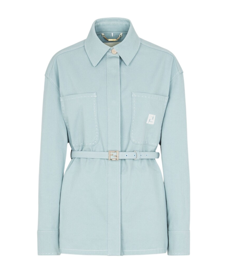 Fendi Denim Jacket With Belted Waist And Front Pockets In Blue
