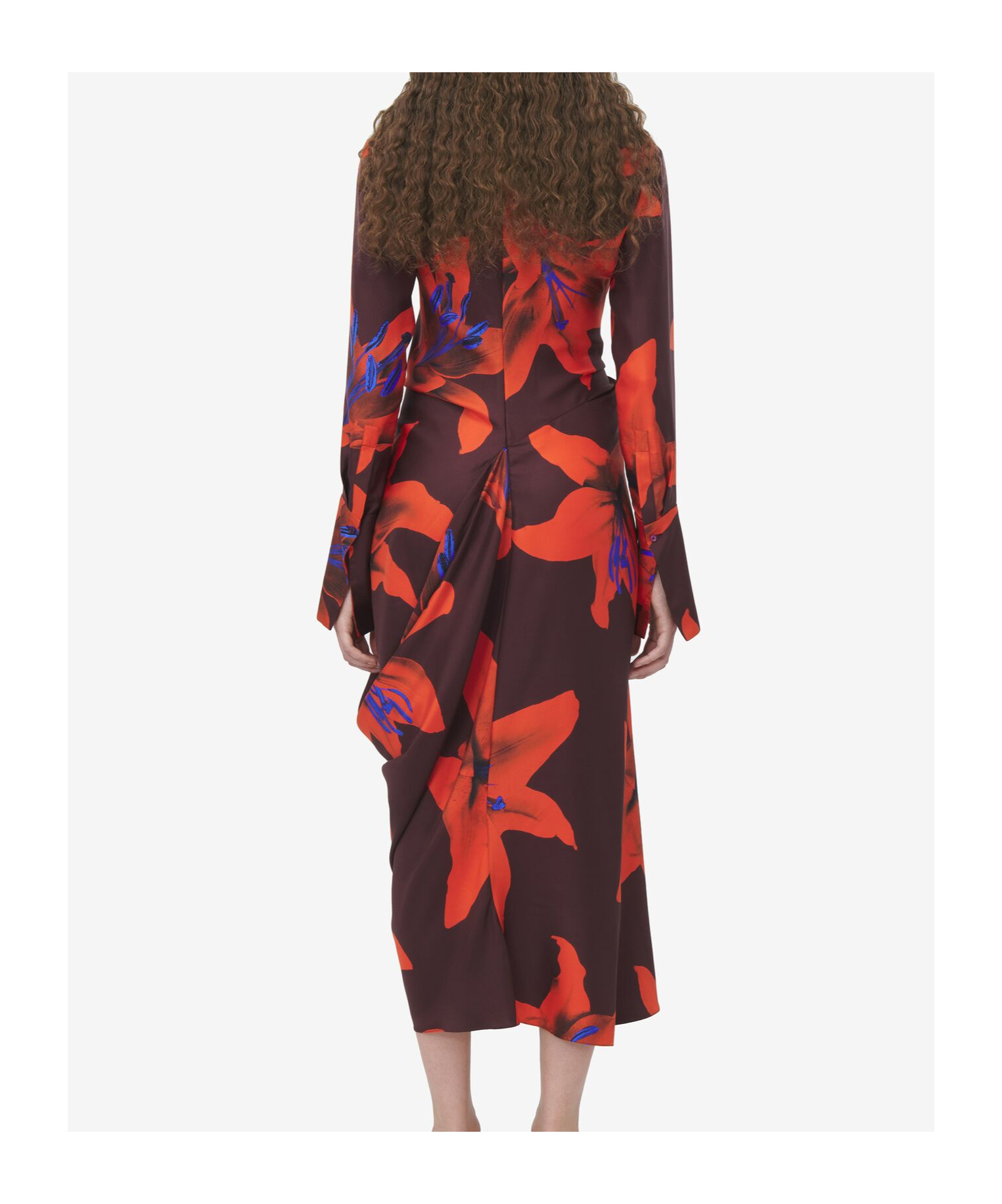 Alexander Mcqueen Turtleneck Floral Twisted Long-sleeve Midi Dress In Red