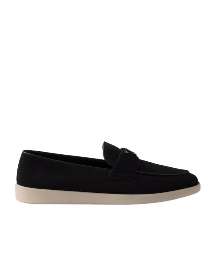 Prada Almond Toe Suede Loafers With Rubber Sole In Black