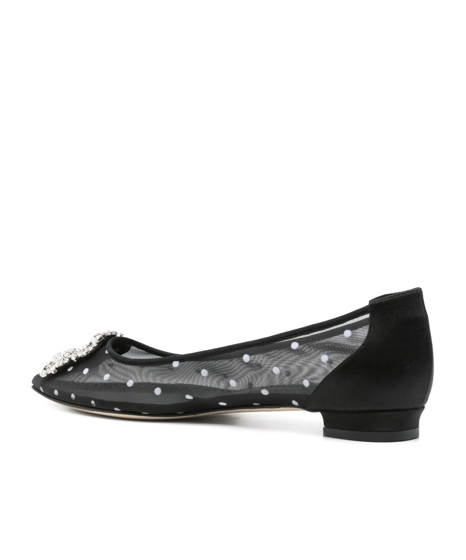 Manolo Blahnik Hangisiflat Satin-trimmed Crystal-embellished Flocked Mesh Point-toe Ballet Flats In Black