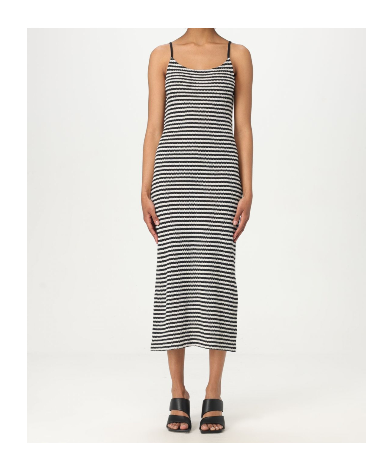 Emporio Armani Blackwhite Striped Cotton Midi Dress In Multicolor