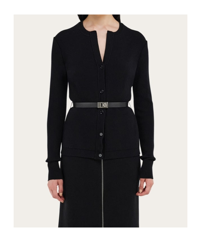 Ferragamo Pure Wool Cardigan With Leather Belt In Black