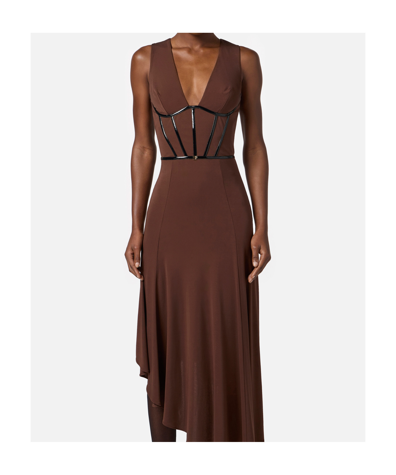 Elisabetta Franchi V-neck Asymmetric Midi Dress In Brown