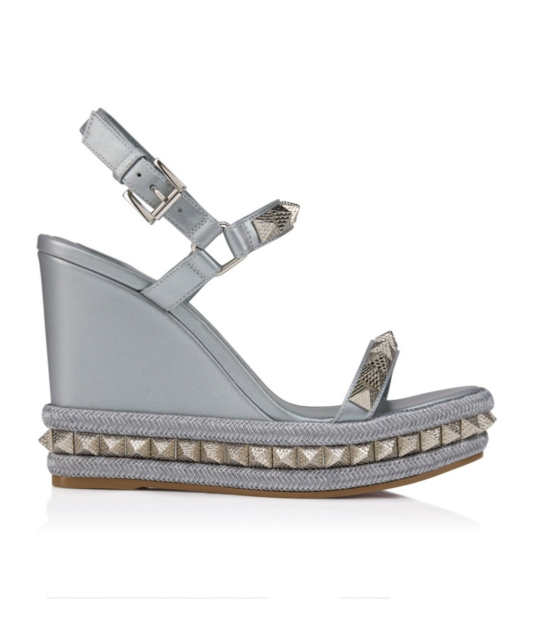 Christian Louboutin Pyraclou Metallic Spike Red Sole Wedge Sandals In Gray