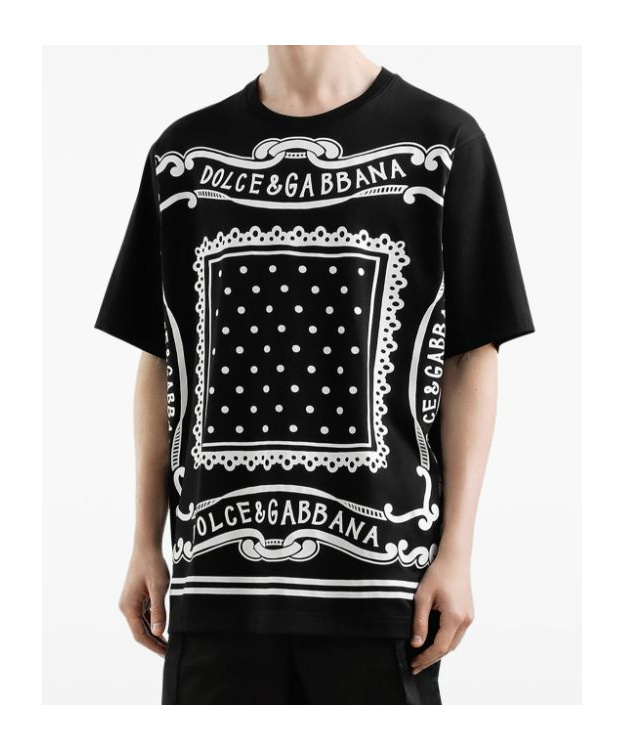 Dolce & Gabbana Black Crewneck T-shirt With Bandana Print All-over In Black