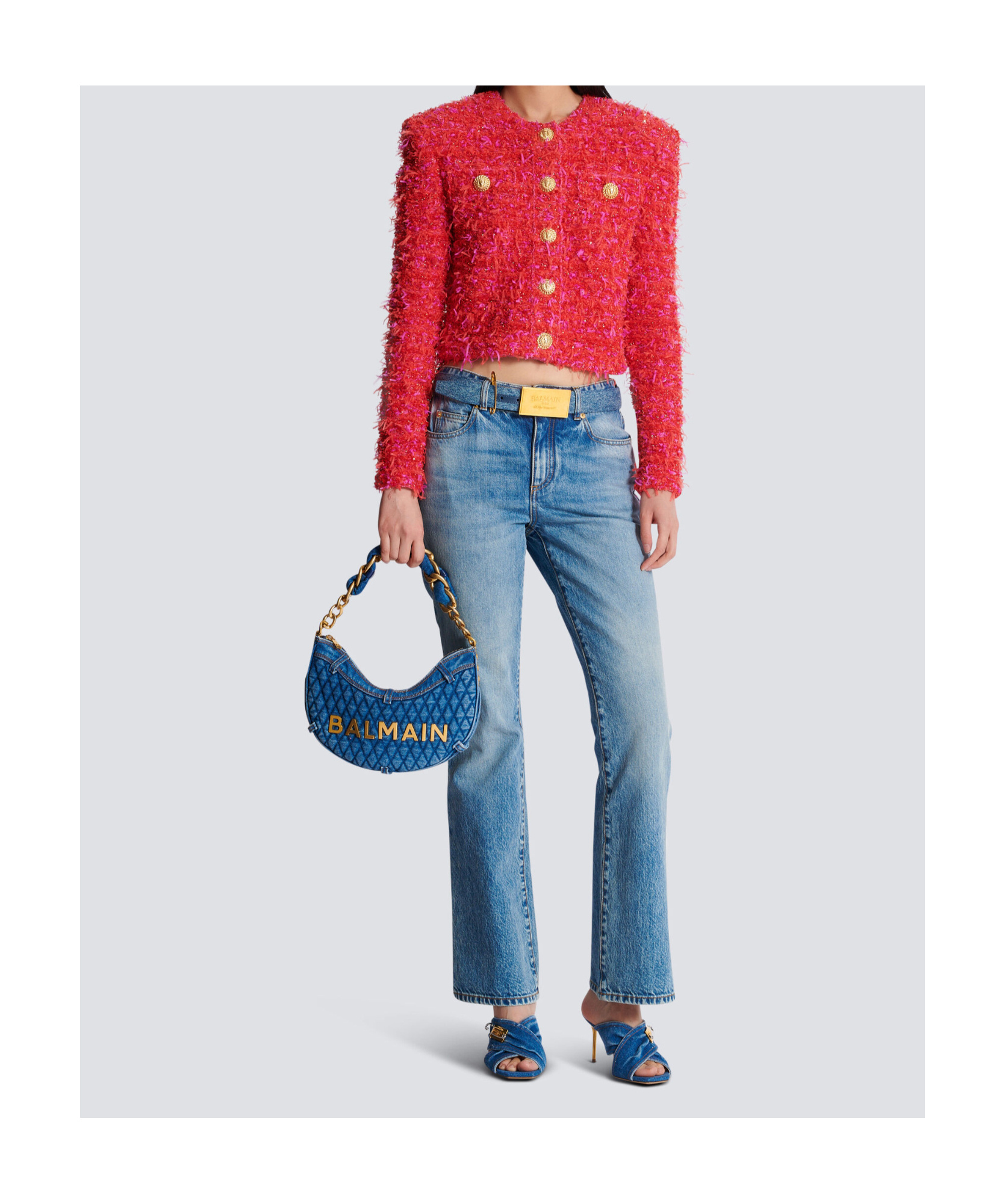 Shop Balmain 1945 Soft Moon Bag In Diamond-quilted Denim In Blue