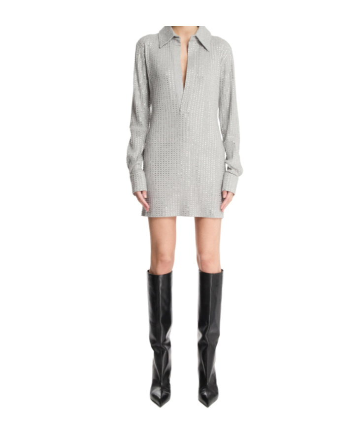 Attico Rhinestone Shirt Dress In Gray