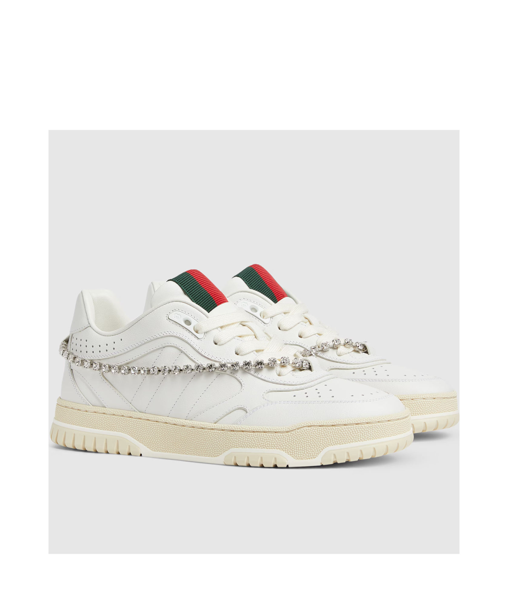 Gucci Re-web Grosgrain-trimmed Crystal-embellished Leather Sneakers In White