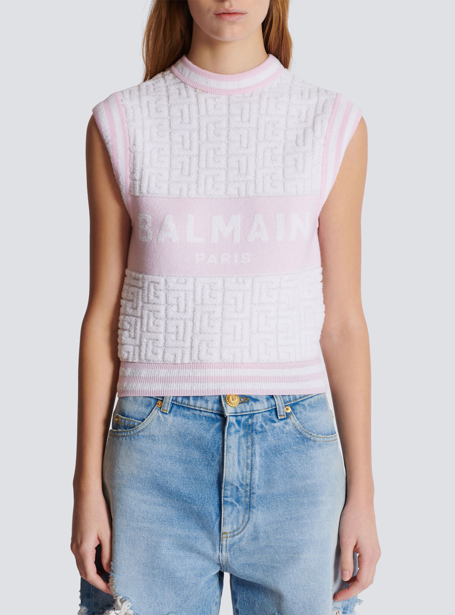 Balmain Monogram Wool And Cotton-blend Knitted Top In White
