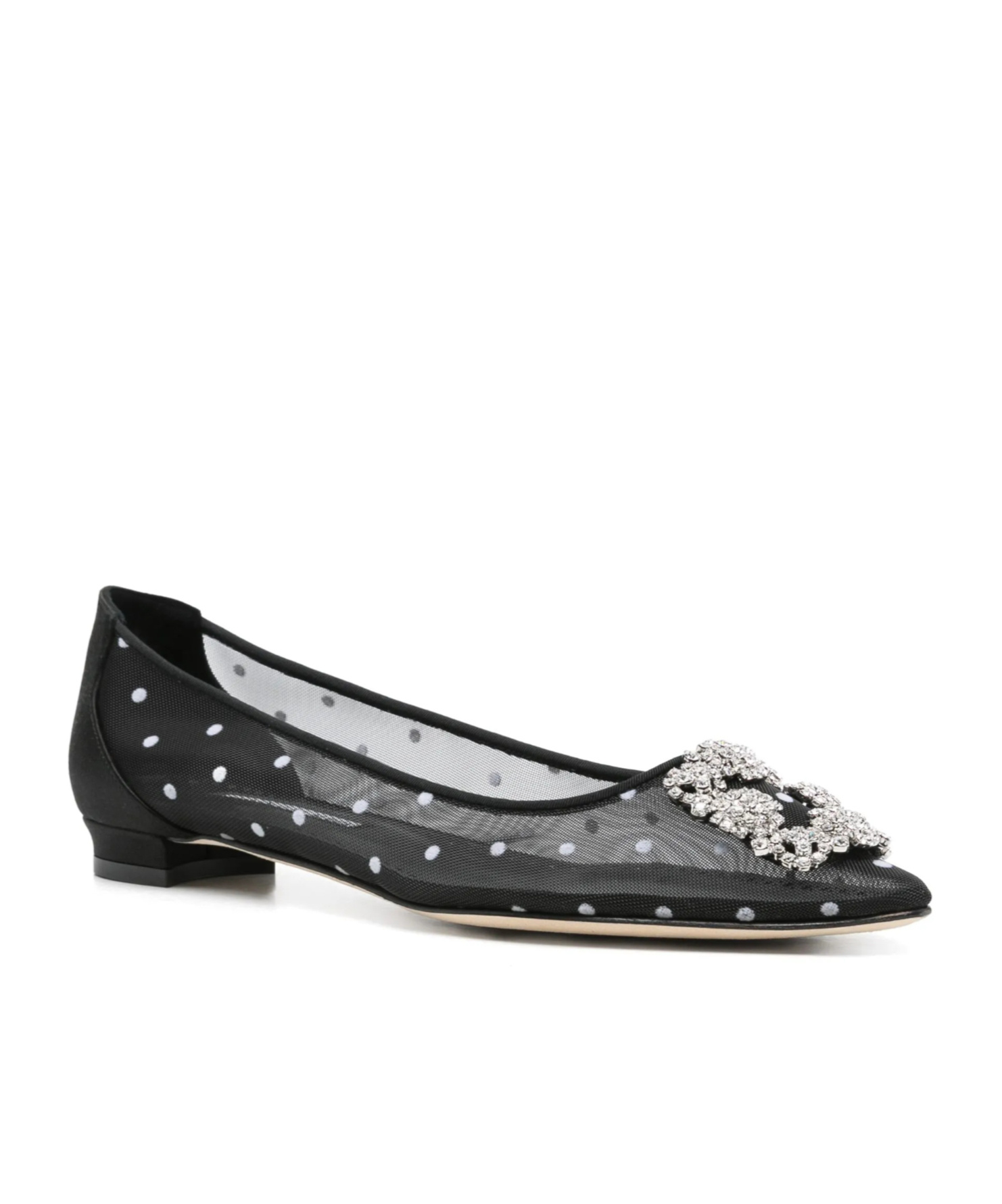 Manolo Blahnik Hangisiflat Satin-trimmed Crystal-embellished Flocked Mesh Point-toe Ballet Flats In Black