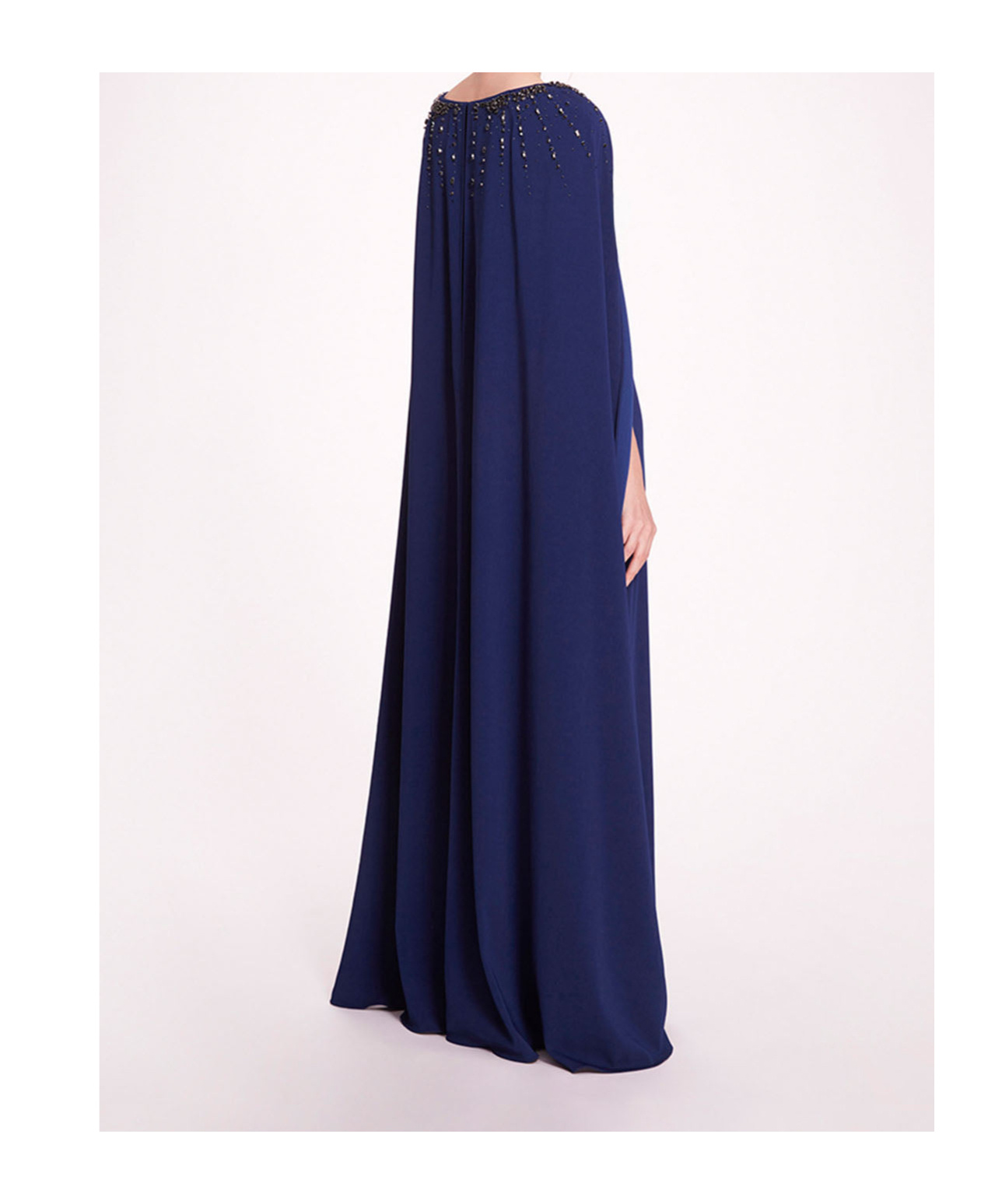 Marchesa Notte Caped Shoulders Crepe Gown In Blue