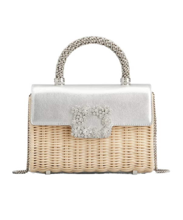 Roger Vivier Jewel Efflorescence Mini Bag In Leather And Rattan In Beige
