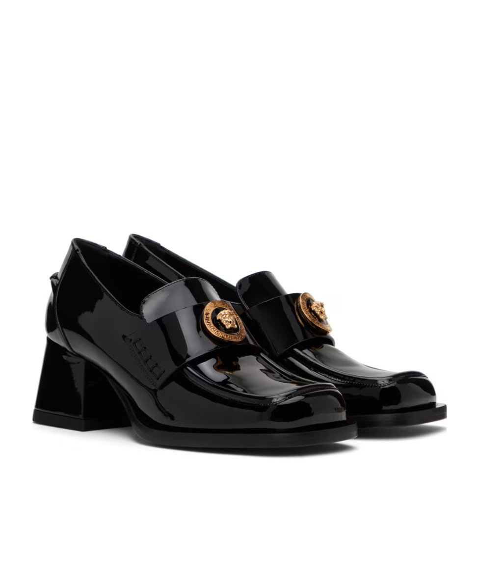 Versace Alia Patent Loafer High Heels With Square Head In Black