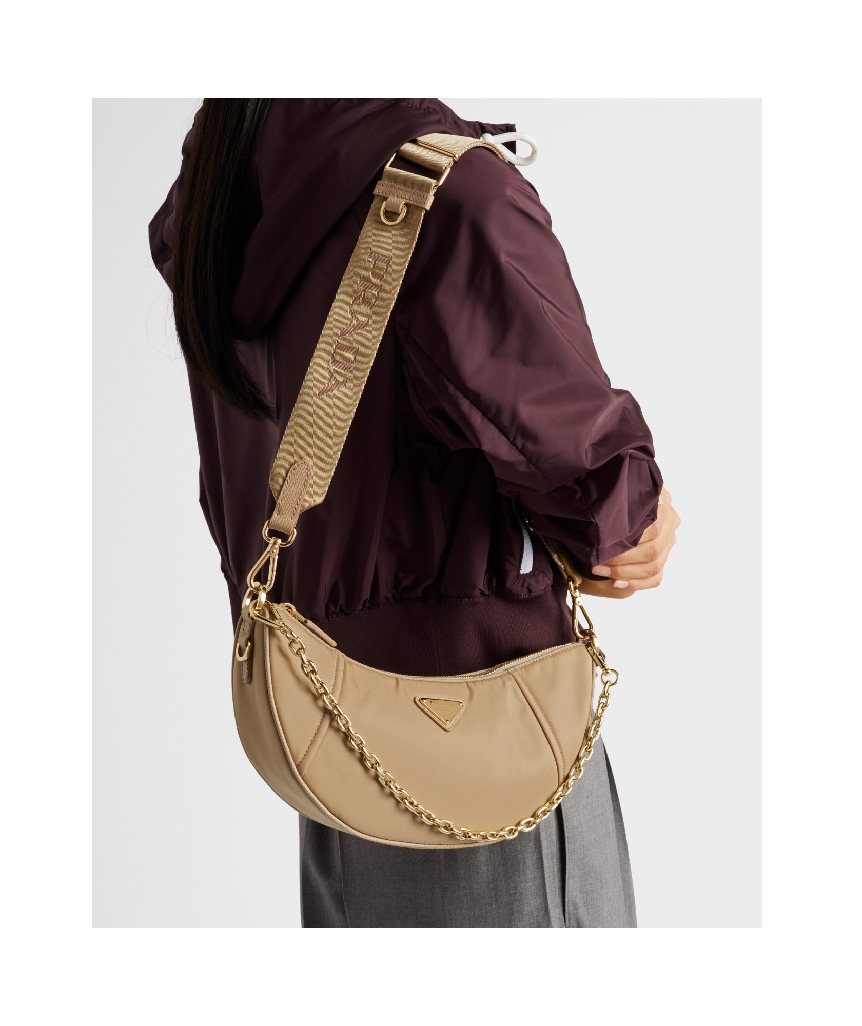 Prada Demi-lune Re-nylon Shoulder Bag In Camel Brown