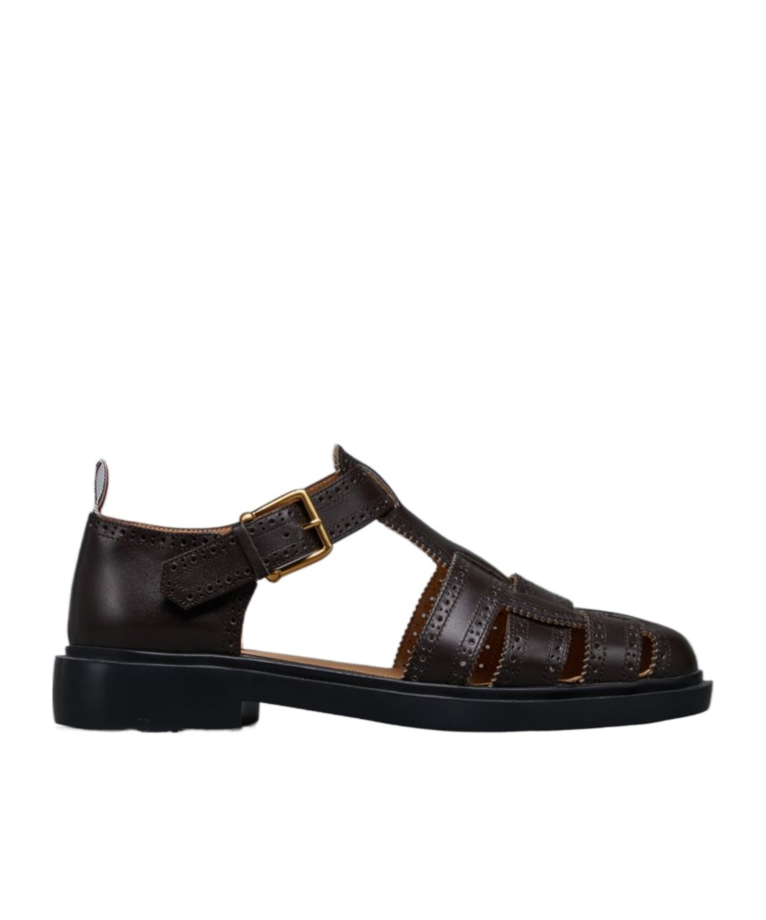 Thom Browne Fisherman Perforated Pebbled-leather Sandals In Black