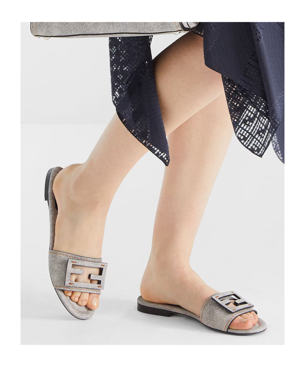 FENDI LIGHT BLUE DENIM-PRINT LEATHER SLIDES