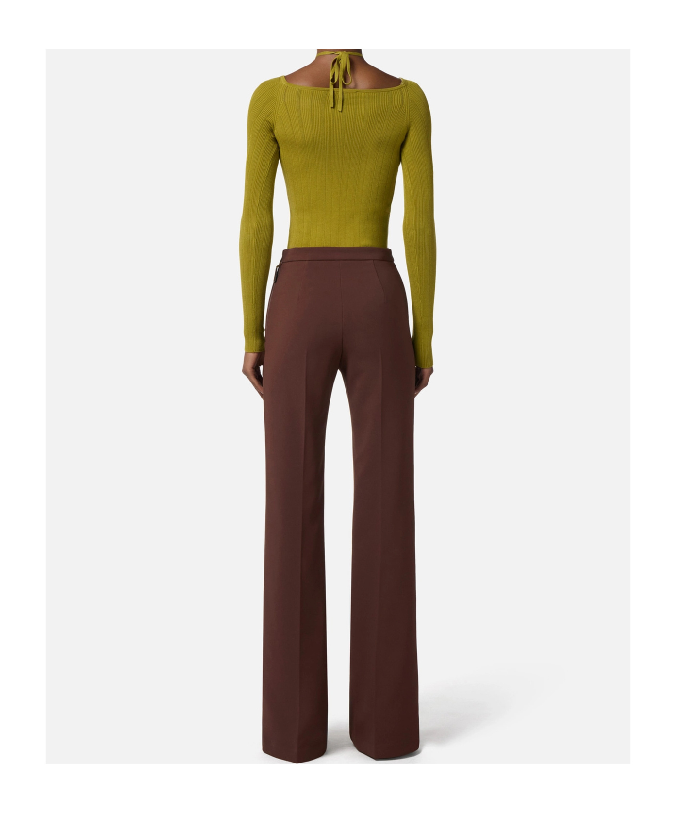 Elisabetta Franchi Bodysuit In Ribbed Knit Fabric With Openwork Details In Green