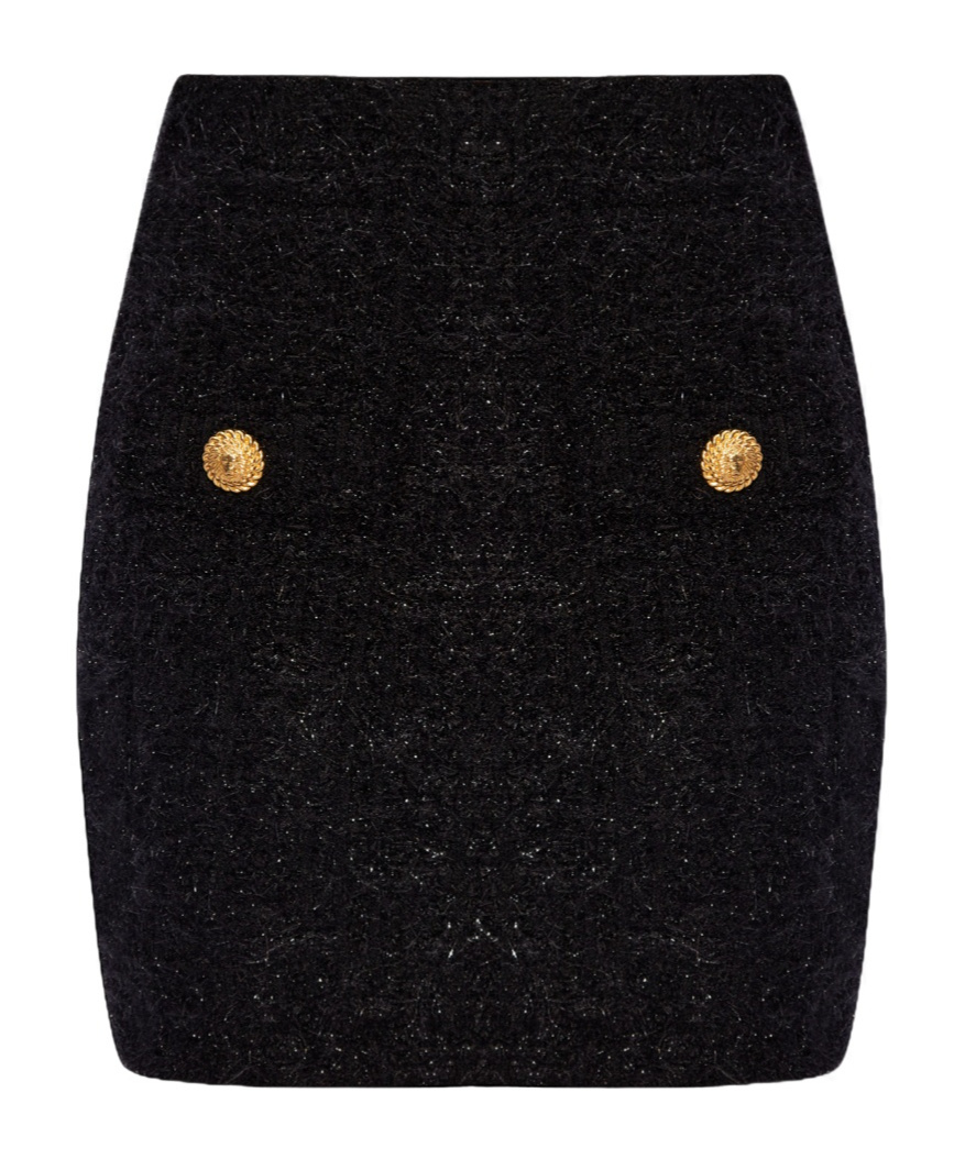 Balmain Black Pencil Mini Skirt With Jewel Buttons In Tweed Woman In Black