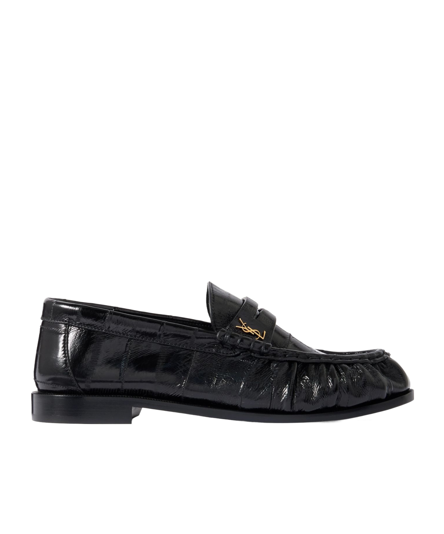 Saint Laurent Round Toe Leather Loafers With Textured Finish In Black