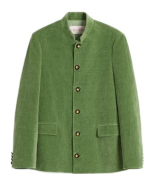 Valentino Cotton Velvet And Washed Linen Jacket With Mandarin Collar In Green