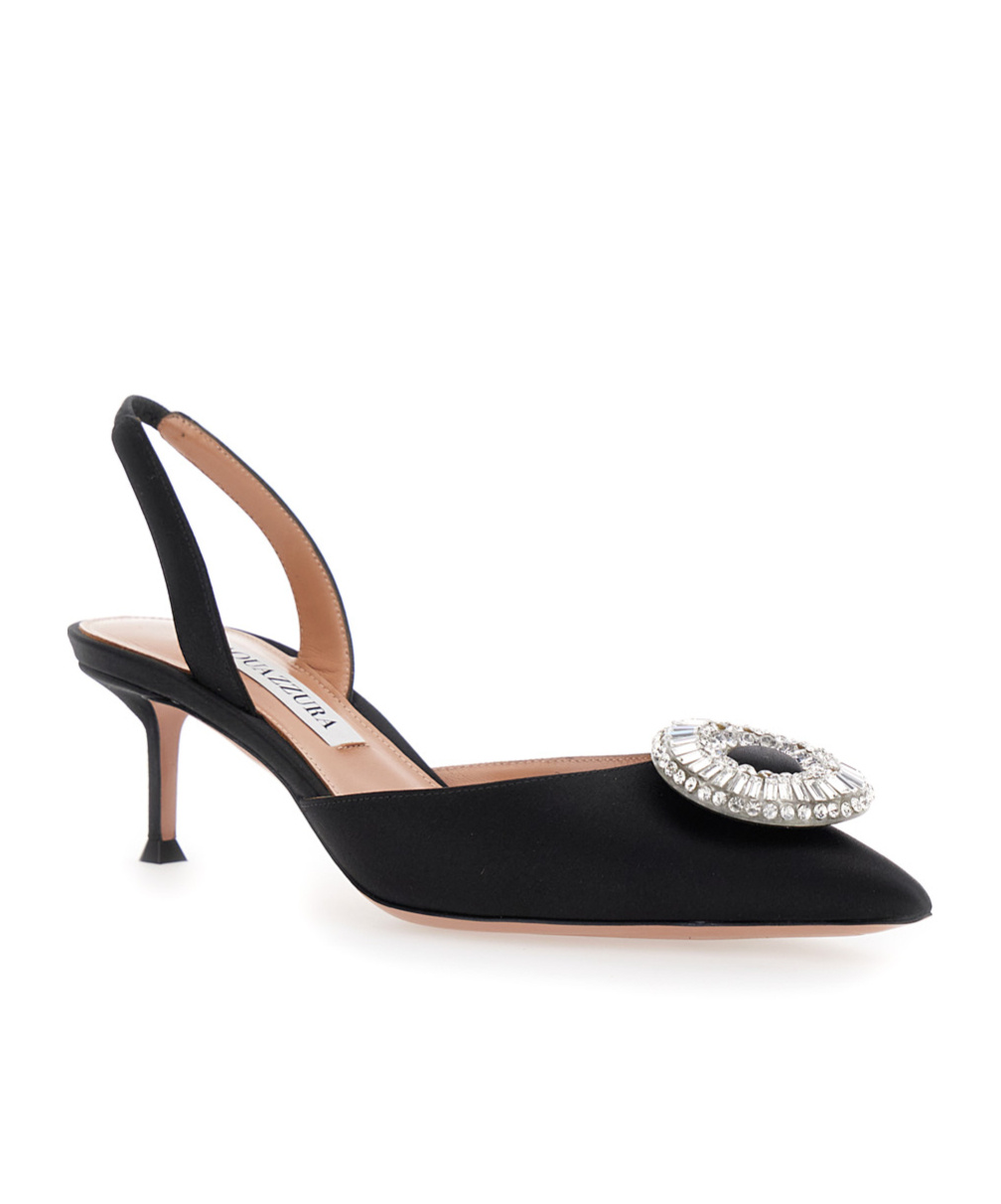 Aquazzura Crystal Hoop Black Slingback Pumps With Rhinestoned Embellishment And Kitten Heel In Tech Fabric Wom In Multi