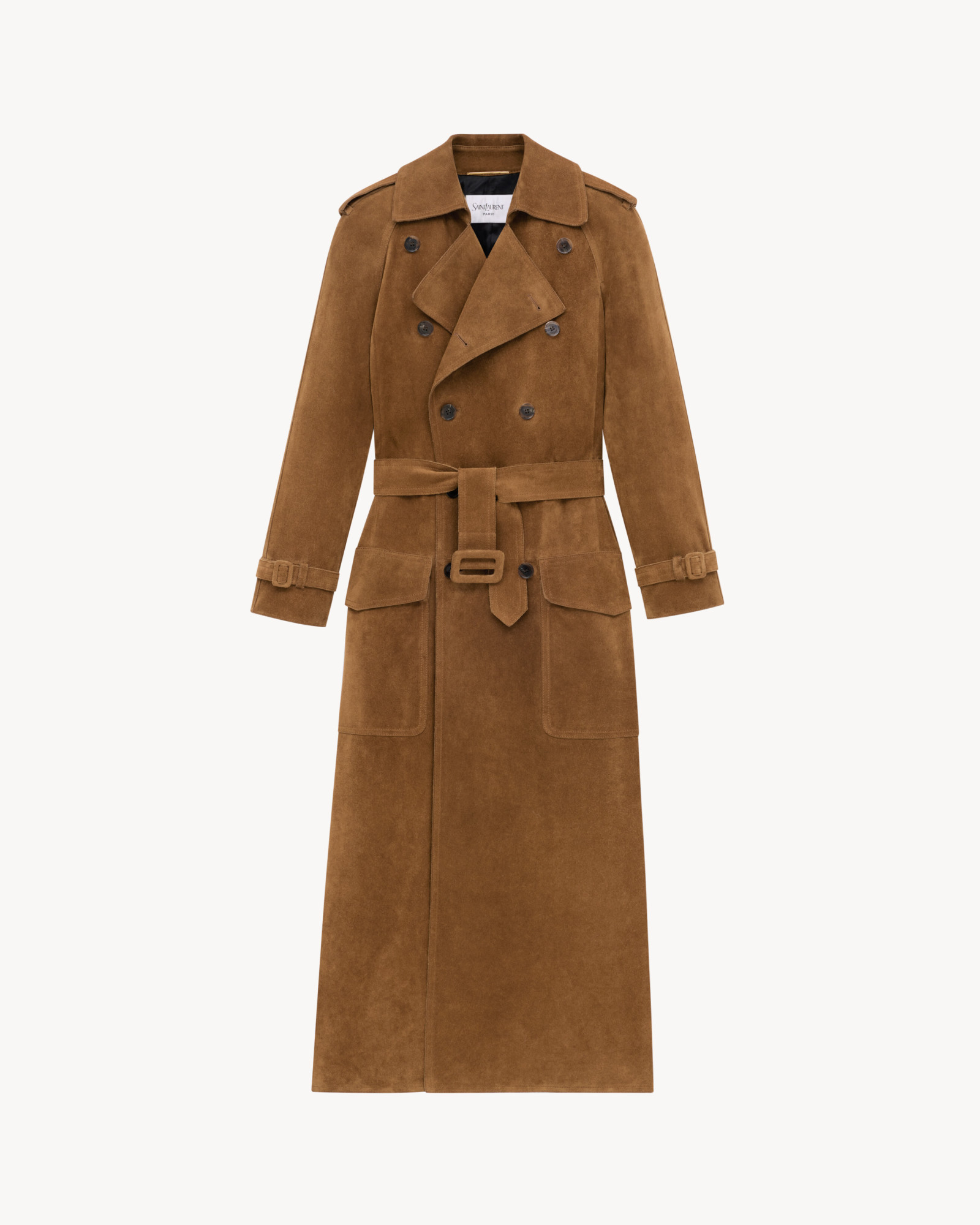 Saint Laurent Double Breasted Belted Trench Coat In Brown