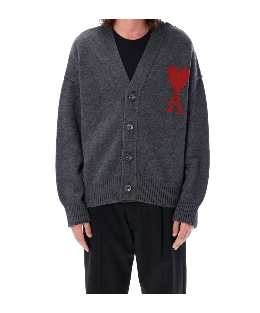 Ami Alexandre Mattiussi Heather Grey Wool Cardigan With Embroidered Logo In Gray