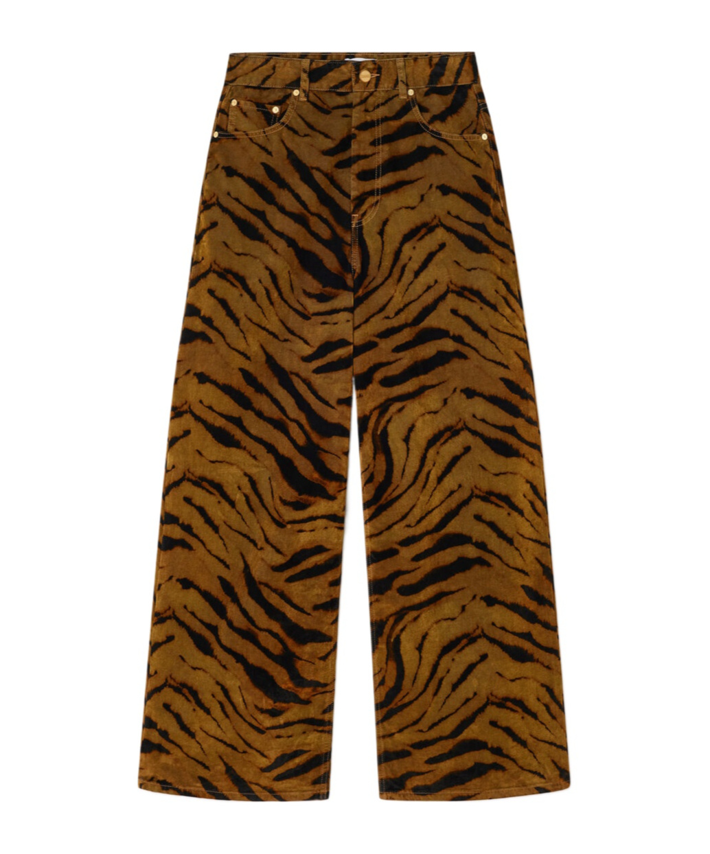 Ganni Zebra-print Cotton-blend Velveteen Wide-leg Pants In Brown