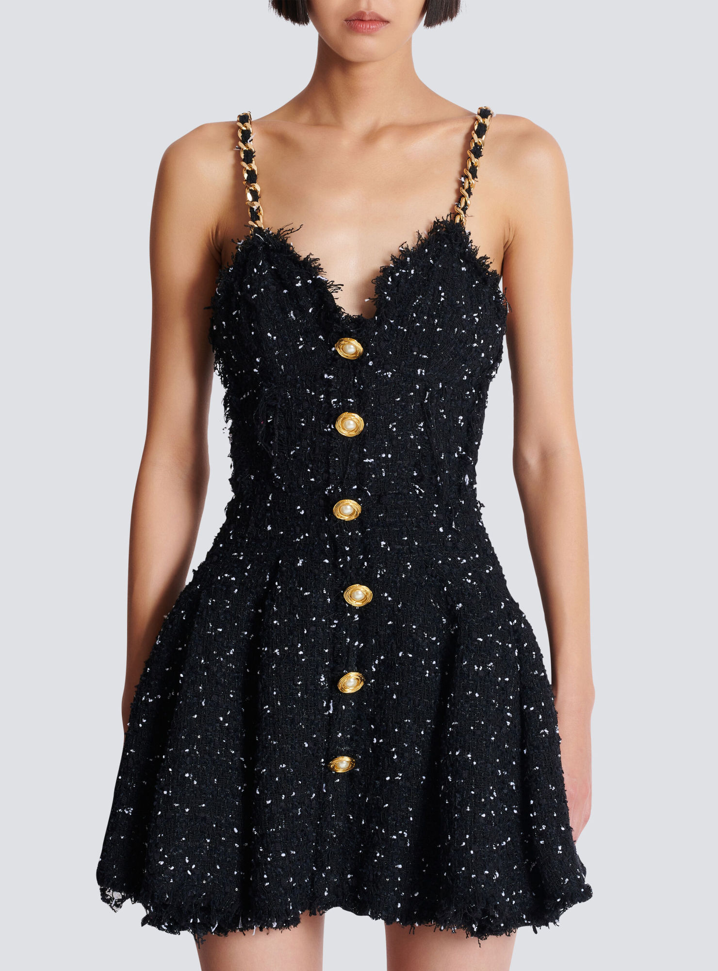 Balmain Short Polka Dot Dress With Chain Straps In Black