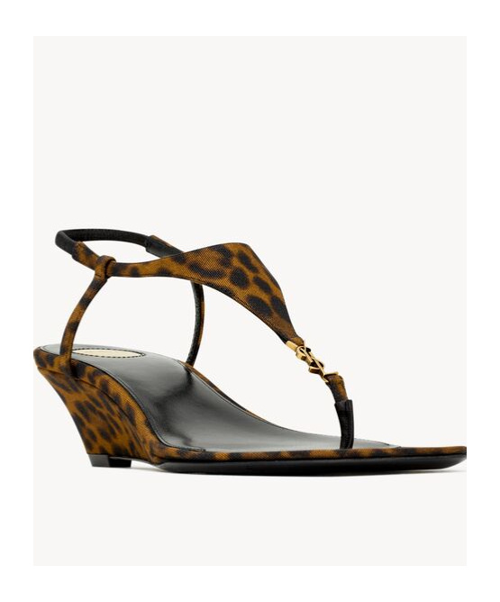 Saint Laurent Cassandra Leopard Ysl Wedge Sandals In Brown