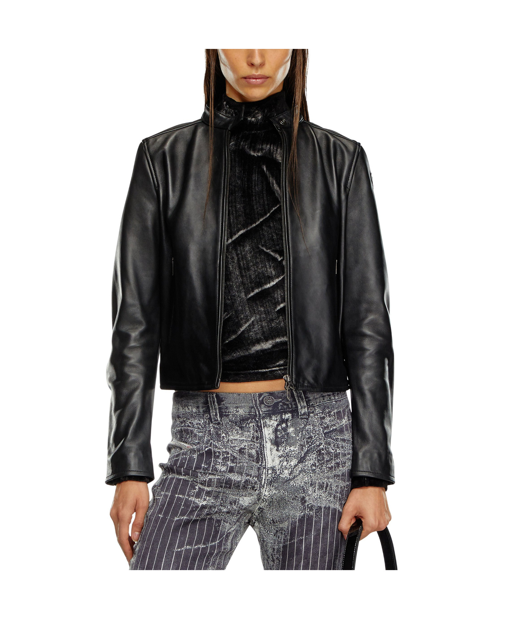 Diesel Black Lambskin Mock Neck Jacket In Black