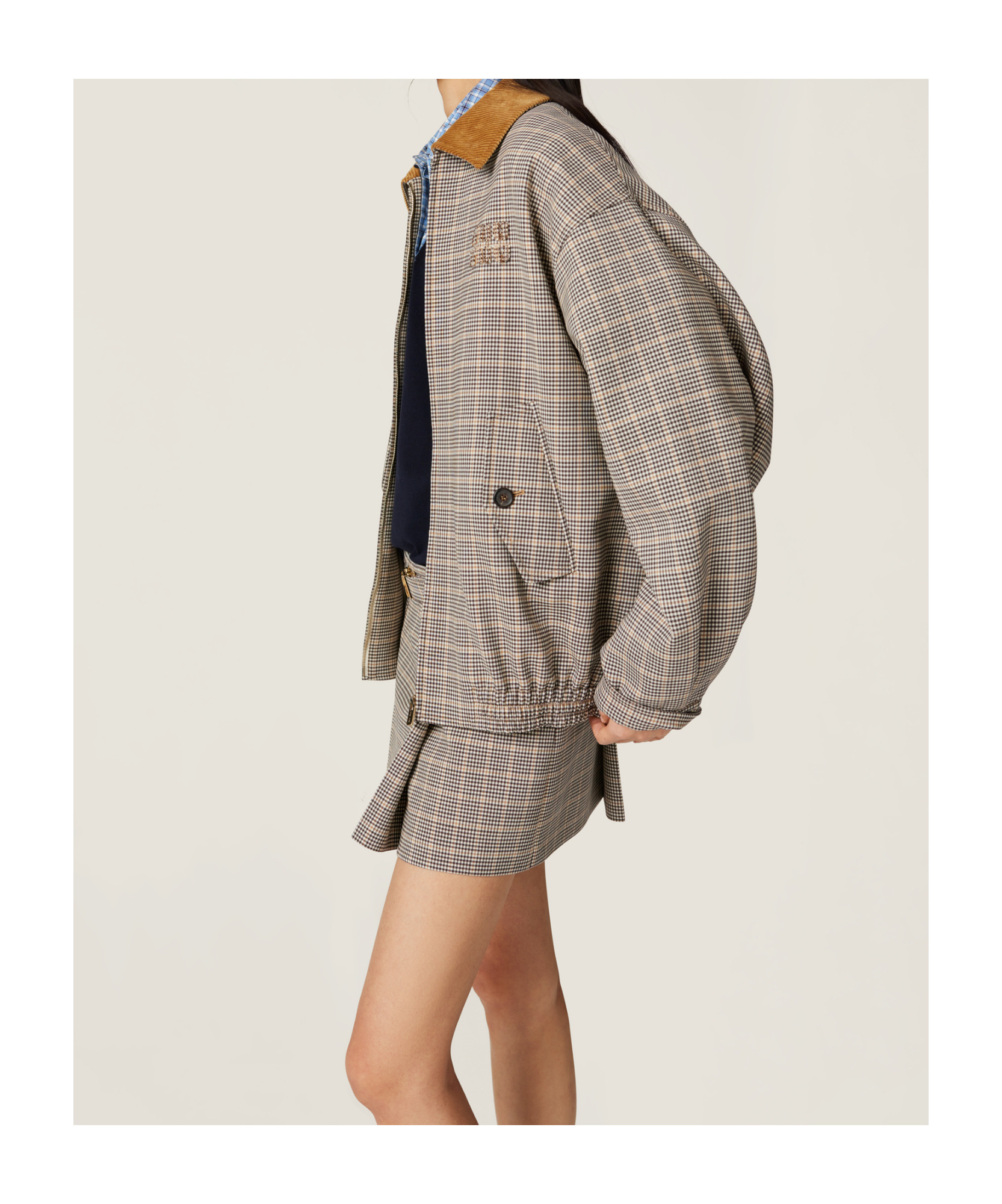 Miu Miu Checked Double Weave Blouson Jacket In Brown