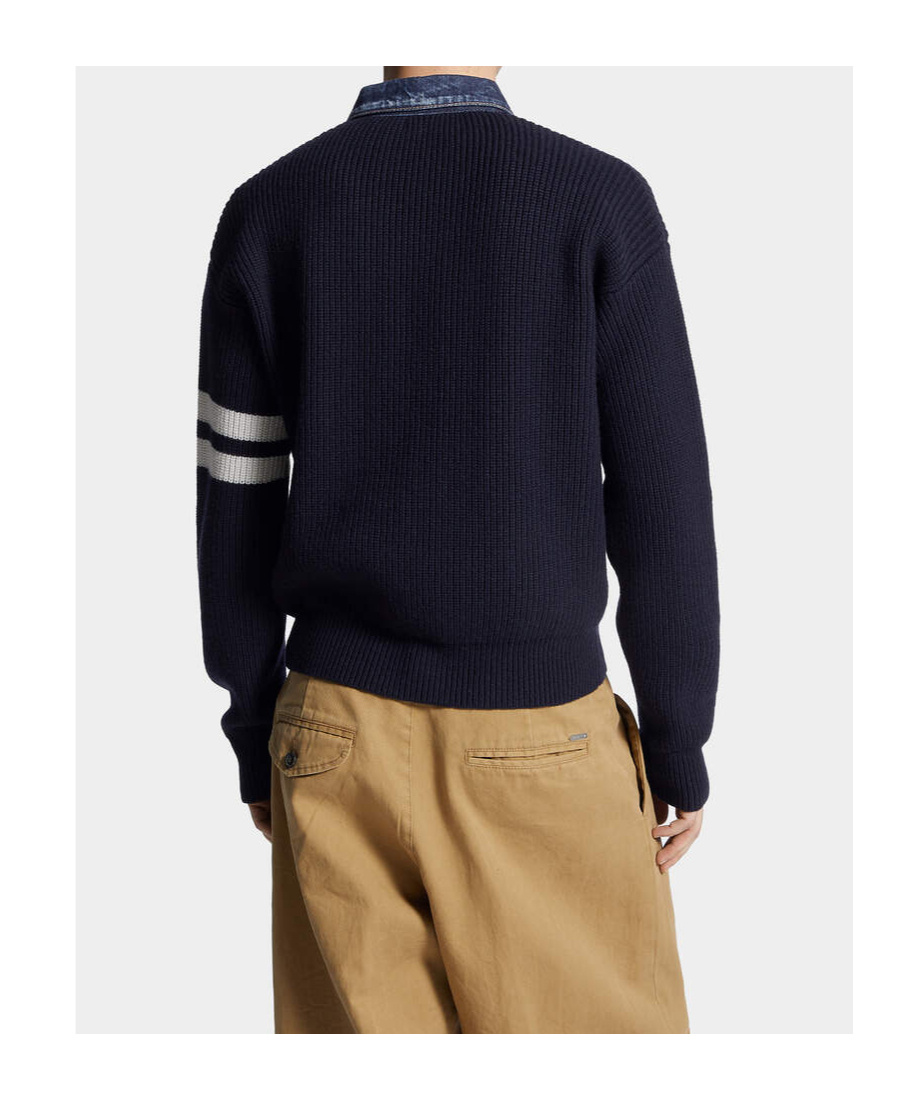 Dsquared2 Blue Cardigan With Denim Panels And Striped Details On The Sleeve In Wool And Cashmere Man In Blue