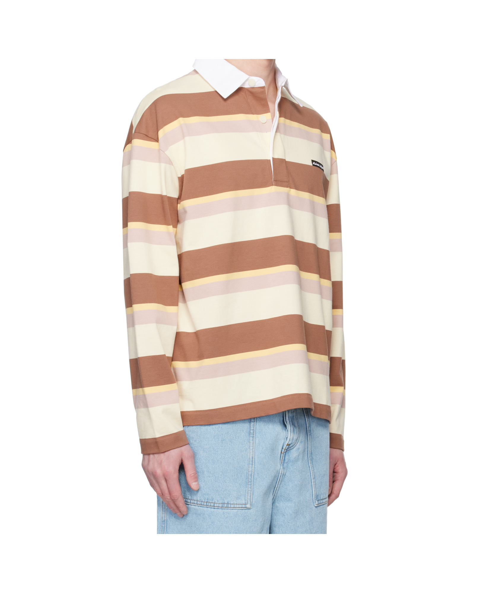 Maison Kitsuné Striped Long-sleeved Polo Shirt In Brown