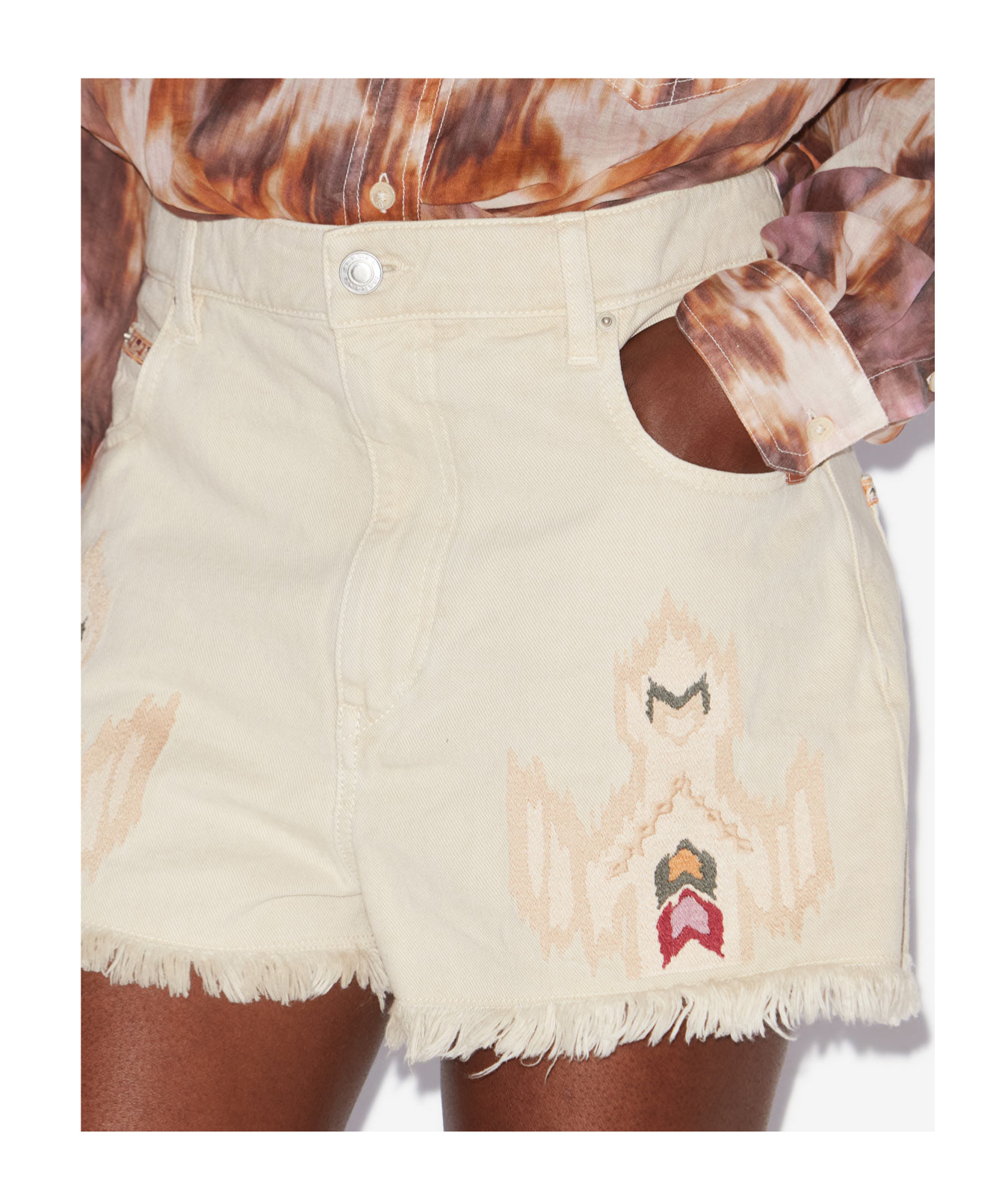 Isabel Marant Étoile Lesia Beige Shorts With Fringed Hem And Embroidered Motif In Denim Woman In Pink