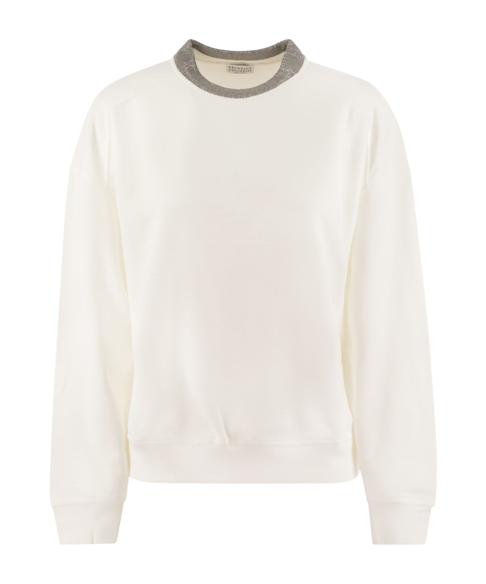 Brunello Cucinelli Women Smooth Cotton Fleece Topwear With Ribbed Collar Precious In White