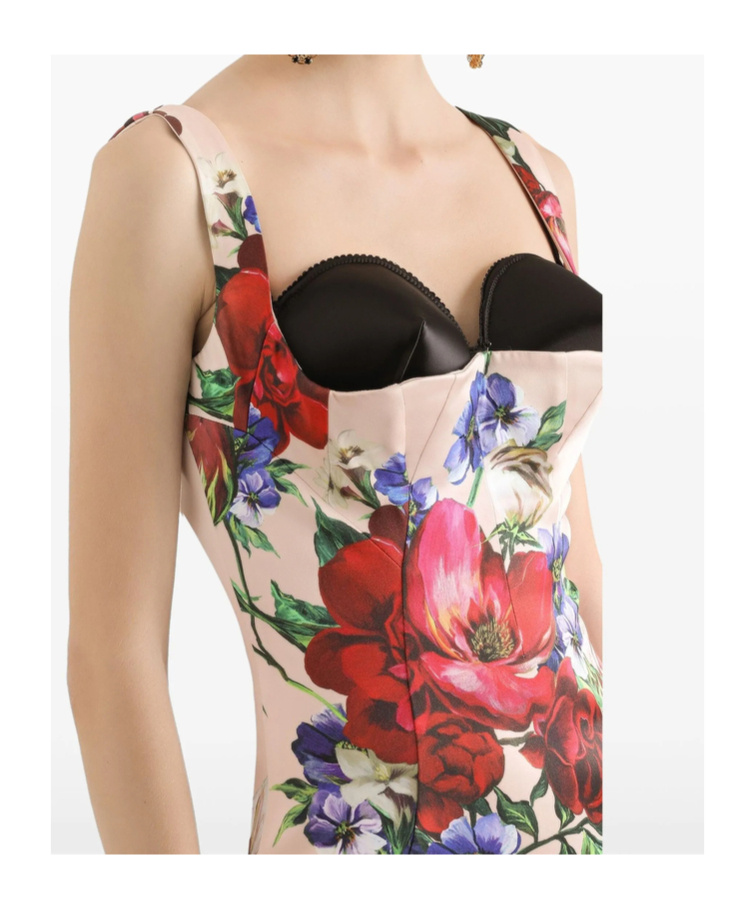 Dolce & Gabbana Satin Calf-length Sheath Dress With Floral Print In Nude