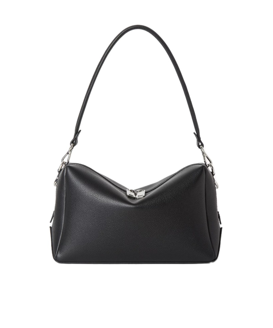 Fendi Medium Shoulder Bag Adjustable Strap Metal Hardware Textured Finish In Black